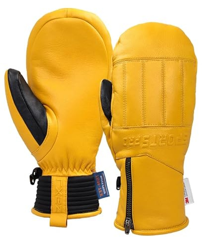 Harssidanzar Winter-Ski-Fäustlinge aus Ziegenleder, thermisch, wasserdicht, Snowboardhandschuhe für Herren und Damen, KM065US, Gelb, Größe XL