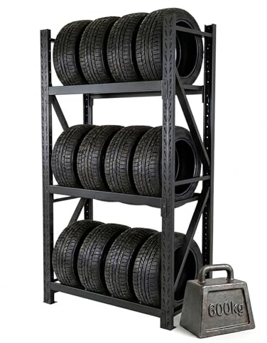 Relaxdays Reifenregal für 12 Reifen, HxBxT: 180 x 120 x 50 cm, 600 kg, Stahl, Stecksystem, Räderregal Werkstatt, schwarz