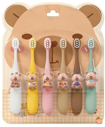 Capybara Kinderzahnbürsten Set, 6 Stück, Extra Weiche Borsten, Kleiner Bürstenkopf für Kinder von 3-12 Jahren, Reisezahnbürsten für Jungen und Mädchen (Stil 1)