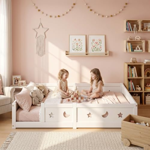 QSFCUB Bodenbett 140x200cm, Montessori Kinderbett mit Rausfallschutz & Lattenrost, Sternen- und Mondmusterdesign Toddler Bed Kinderbetten für Jungen Mädchen (Weiß-A01, 140x200)