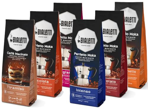 BIALETTI Caffè Macinato Perfetto Moka, 6 Sacchetti da 250 Grammi, Caramello, Tiramisù, Nocciola, Cioccolato, Intenso, Pregiato