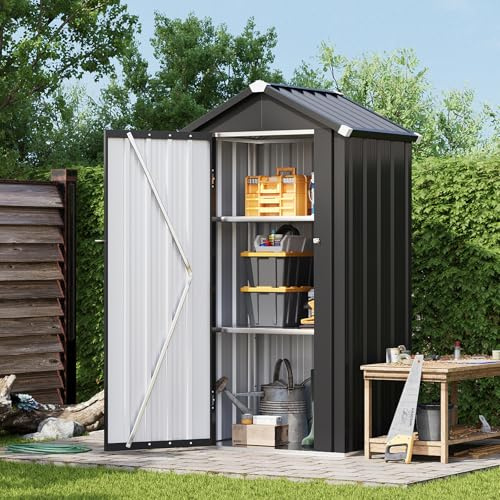 Aoxun Geräteschrank aus Metall 87,5x67cm mit Boden & 2 verstellbaren Ablagen, wetterfester Platzsparender Gartenschrank, 160 cm hoch, Gerätehaus für Garten, Garage, Terrasse