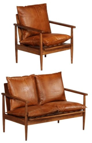 sephironlbb 2-TLG. Sofagarnitur Braun Echtleder mit Massivholz Akazie 2-Sitzer Sofa und Sessel, Polstergarnitur für Wohnzimmer und Gästezimmer mit Vintage-Charme und bequemer Sitzfläche