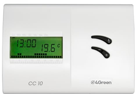 4GREEN CC 10B - Termostato Digital Programable Semanal para Calefacción y Aire Acondicionado, Termostato Ambiente a Pilas, Montaje en Pared, Pantalla LCD, Blanco