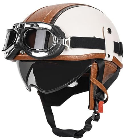 Moto Caschi Jet E Demi-Jet Vintage Omologato DOTECE Mezzo Pelle Casco Da Motociclista Caschi Cromwell Scooter Street Con Occhiali Portatile Casco Scodella Per Uomo Donna 9,M:57-58CM
