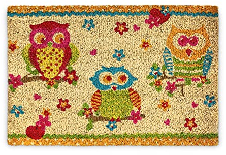 Relaxdays Zerbino per Ingresso in Fibra di Cocco, Tappetino Antiscivolo, con Gufetti Decorativi, 40 x 60 cm, Marrone