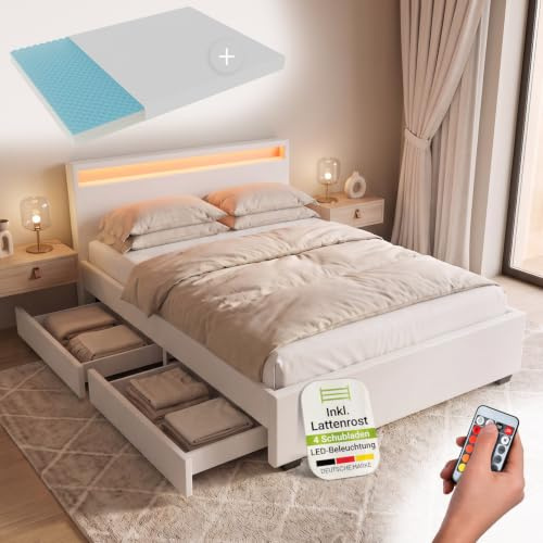 Juskys Polsterbett Lyon 140x200 cm mit Matratze, Bettkasten, LED Beleuchtung, Lattenrost & Kopfteil, weiß, Bett Bettgestell Jugendbett Einzelbett