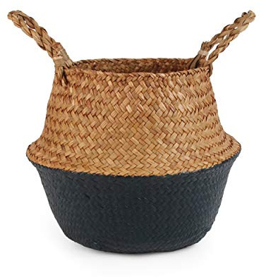 BlueMake Vävd sjögräs magkorg för förvaring, tvätt, picknick, växtskydd och förvaring av livsmedel och leksaker (svart, liten)