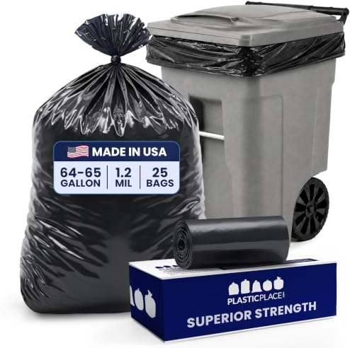 Plasticplace 64-65 Gallon Black Trash Bags, Heavy Duty Toter Can Liners, Tear & Leak-Proof, Industrial Strength, 25 Count, Large Garbage Bags for Kitchen & Commercial Use 1.2 Mil, 50 x 60