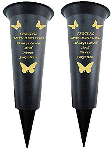 David Fischhoff Grabvase mit goldfarbener Schrift Schmetterling Dekoration aus strapazierfähigem Kunststoff, wetterfest und frostfest, plastik, Mum and Dad, 2er-Set