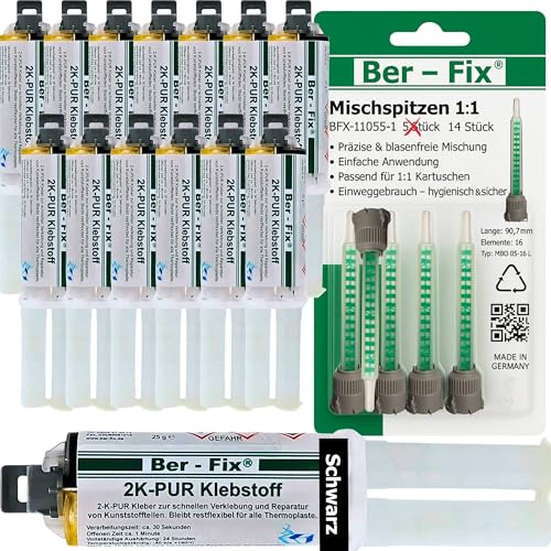Ber-Fix 2K PUR Kleber schwarz 14x25g + 14 Mischdüsen schnell flexibel | 2K PUR Kleber schwarz 14x25g + 14 Mischdüsen schnell flexibel: Schwarzer 2K-PUR-Kleber für schnelle Kunststoff-