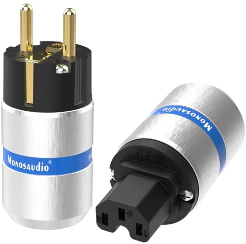 Monosaudio Paar HiFi Schukostecker & IEC C15 Anschluss Buchse Steckdose High-End Kaltgeräte-Stecker 16A 250V Audiophiler Netzstecker Kupplung (Vergoldet, Aluminium-Schale, E106G/F106G)
