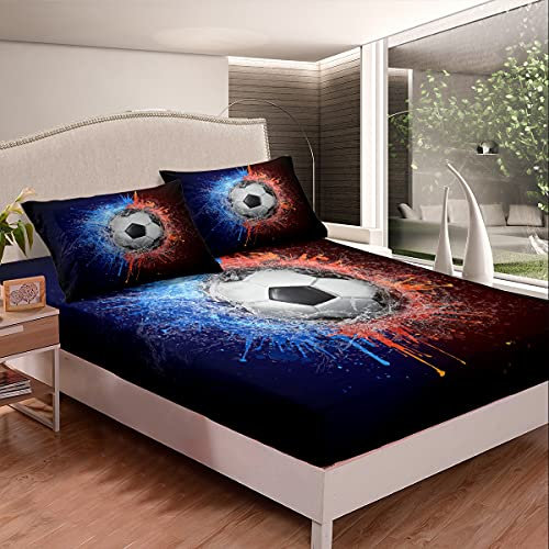 Juego de ropa de cama deportiva de fútbol para niños y niñas y niños, juego de sábanas y fundas de almohada para juegos competitivos, sin sábana encimera vibrante, tamaño individual, 2 unidades