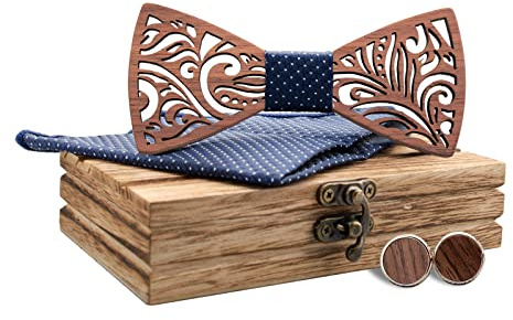 Mr.Van Pajarita de Madera Hecha a Mano, Tamaño Ajustable, Estilo Clásico, Caja de Madera (incluye Gemelos,Pañuelo y Pajarita) para bodas y negocios