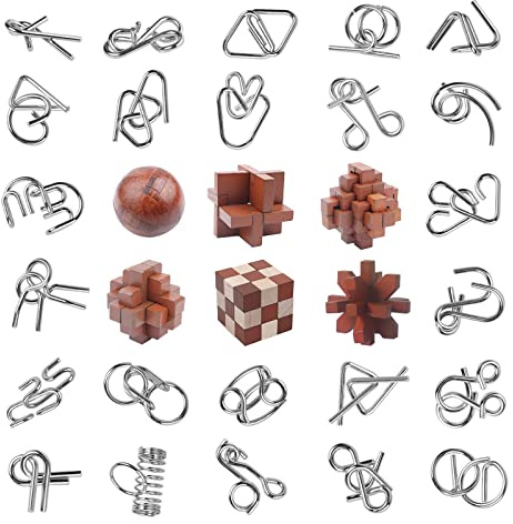 RLYLF 30pcs Brain Teaser Puzzles Game for Adults and Kids Ancient Wooden and Metal Puzzles 3D Educational Toys IQ Logic Train Family Games Party Favor Coffee Time Unlock Interlock Puzzles Box