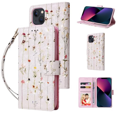 UEEBAI Wallet Case for iPhone 14 6.1 inch, PU Leather Phone Case Kickstand RFID Blocking Flip Case with Card Slots Wrist Strap Relief Engraved Pattern Magnetic Closure Folio Case - Vine