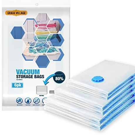 GrassVillage Vacuum Storage 6 Bags | Save 80% More Space | Vacuum Compression Reusable Storage Bags for Duvets, Beddings, Pillows, Curtains & Towels | Comes with Secure Double Zip + Valve (Jumbo Size)