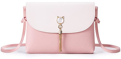 KALIDI Liten axelremsväska med söt kattform tofsar PU-läder crossbody telefon handväskor för flickor damer, Rosa, Small
