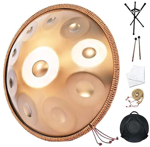 PQRJFVIE Harmonic Handpan, D-Moll 10 Töne, 22 Zoll, Edelstahl, Silber, 440 Hz, mit Stand, Case, Mallets, Reinigungstuch, für Klangheilung und Meditation