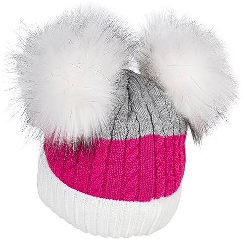 styleBREAKER Kinder Strick Bommelmütze 3-Farbig Gestreift, 2 Kunstfellbommel, Fleece Futter, 2-5 Jahre 04024204