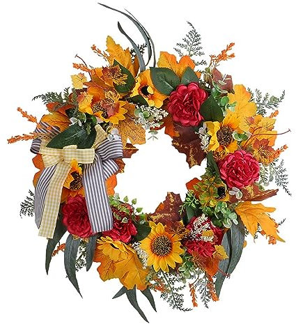 Thanksgiving Türkranz Herbst - Simulierte Blumen Herbstkranz Haustür GanzjäHrig Weihnachten Modern AußEn Personalisiert Blumenkranz Deko (Orange, 45x45x6cm)