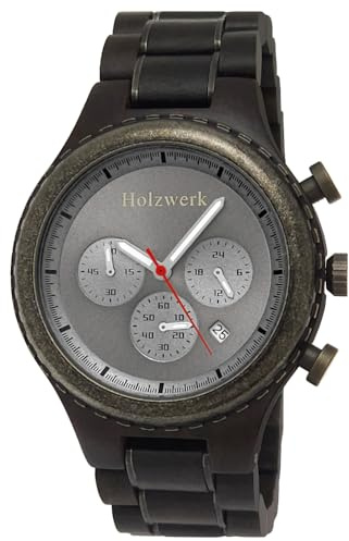 Holzwerk Germany Handgefertigte Designer Herren-Uhr Öko Natur Holz-Uhr Chronograph Armband-Uhr Analog Quarz-Uhr Braun Blau Datum Holz