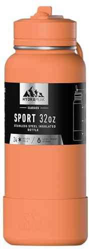 Hydrapeak 32oz Sport Insulated Water Bottle with Straw Lid, Leak & Spill Proof, Keeps Drinks Cold for 24 Hours, Hot for 12 Hours, Premium Stainless Steel Water Bottles (32oz, Apricot Crush)