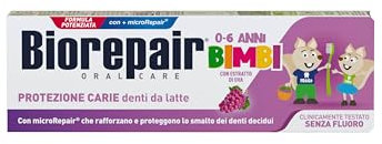 Biorepair, Kinderzahnpasta 0-6 Jahre, 12 Packungen à 50 ml, Biorepair Zahnpasta für Kinder, ohne Fluorid, Trauben-Geschmack, Antikarbien, für gesundes Zahnfleisch