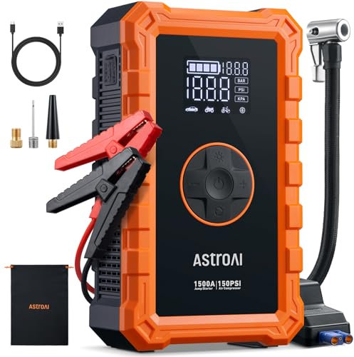 AstroAI S8 Air Starthilfe Powerbank mit 150PSI Kompressor, 5-in-1 Starthilfegerät für 6L Benzin/3L Diesel mit Universal-Luftpumpe und 2,4 Grosses Display, 3 Light Modes