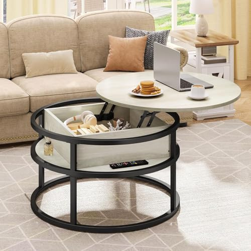 DWVO Couchtisch für Wohnzimmertisch - Höhenverstellbar, Runder Eiche Couchtisch 80x80x47cm mit Verstecktem Fach und Robuster Metallrahmen