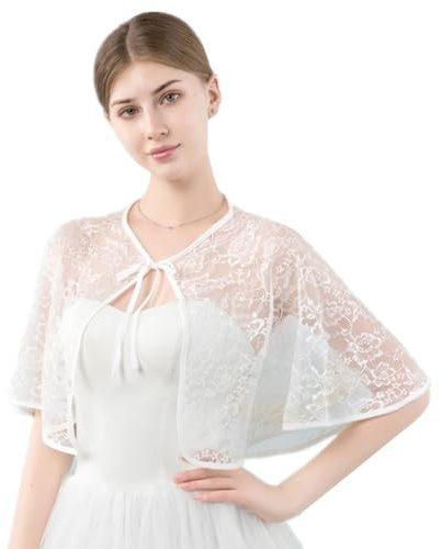 SamHeng Lace Wedding Shawl Wrap for Women, Embroidered Floral Evening Cape Bridal Cover Up Scarf Lace-Up Poncho, Open Front Party Dress Bolero Shrug Cardigans Elegant Capelet Shawl Tops (White)