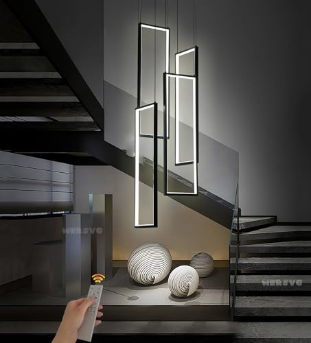 WERSVG LED Schwarz Pendelleuchte Treppenhaus Lang Geometrie Hängeleuchte Dimmbar mit Fernbedienung Modern Treppen Pendellampe Höhenverstellbar, für Villa Foyer Treppenhaus Wohnzimmer 4 Flammig，140W