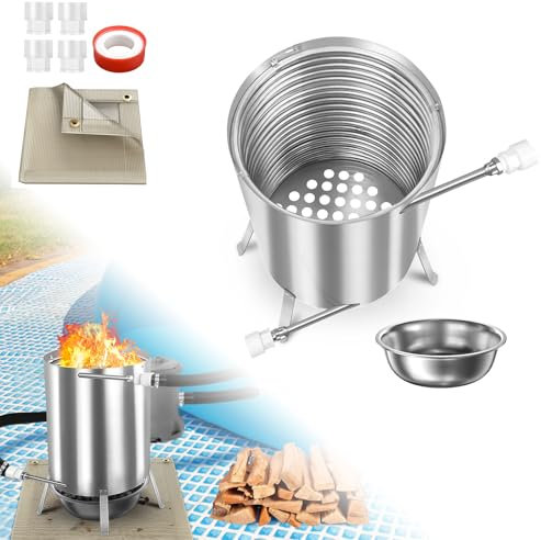 LARS360 Brennholz Poolheizung 32/38mm Anschlüsse, Pool Heizung mit Feuer, Edelstahl Feuertonne mit Heizspirale Pool Beheizt Eimer mit Matte & Restasche Auffangwanne für Schwimmbäder - 1 Stück