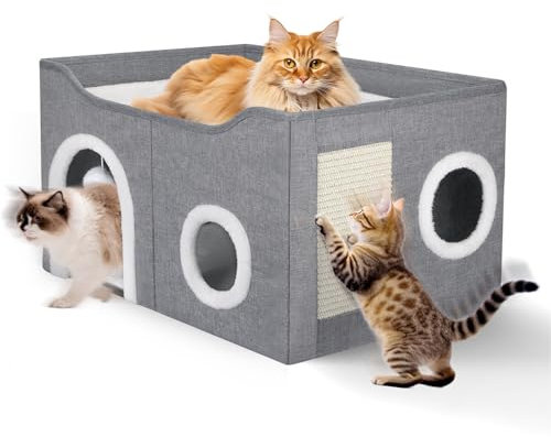 Cat House Indoor 2 Layer, Ovshnrr Foldable Cat Hideaway Bed with Scratching Board & Plush Ball, Large Cat Bed Cave with Plush Pad and Fabric Pad for Small and Medium Pets Indoor(24x16x13inch)