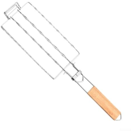 BBQ Wurst Grillkorb - Hitzebeständige Eisenkonstruktion mit Holzgriff - Tragbares Gestell zum Kochen im Freien