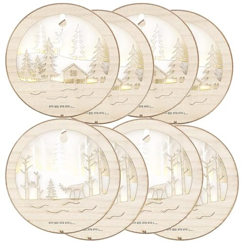 Lunartec Holzbild 3D: 8er-Set leuchtende Echtholzbilder, warmweiße LEDs, Batteriebetrieb (Holzbild LED, geschnitzt, Weihnachtsbaumbeleuchtung)