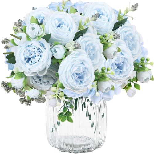 MisFun 3 Mazzi Peonie Artificiali, Peonie Finte Realistiche, Fiori Artificiali di Seta, Faux Bouquet di Peonies, per Decorazioni per il Partito, Tavolo da Pranzo, Decorazione di Nozze (Blu)