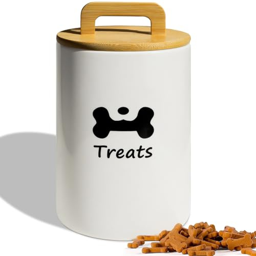 NIXBYO Dog Treat Container Airtight - 9 x 5 Inch Large Ceramic Dog Treat Jar for Kitchen Counter, White Dog Cookie Jar with Lid P-A40