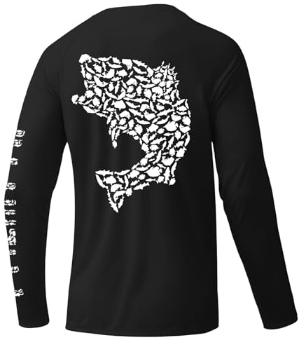 Palmyth Fishing Shirts for Men Long Sleeve UPF 50+ T-Shirt Sun Protection Quick Dry Tee, Black Bass, XL