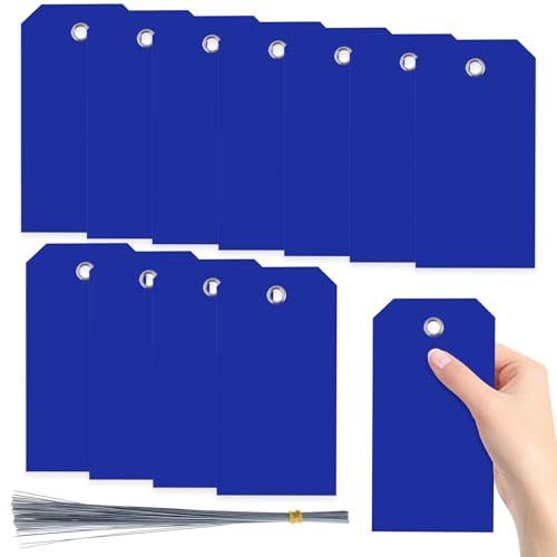 Swpeet 200 st blå 16 x 8 cm vattentäta skrivbara öljetthål plasttaggar med trådar sortimentsats, hängande etiketter bifogade öljett blank etikett för märkning av bagage produktidentifiering