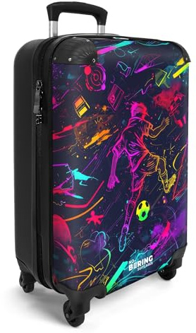 NoBoringSuitcases.com® Handgepäckskoffer Kinder 55x35x20 cm Reisekoffer Kinderkoffer 4 Rollen Leicht Koffer Cabin Trolley Hartschalenkoffer Kind Fußball - Graffiti - Neon