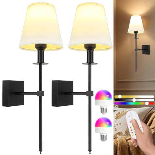 Rechargeable Battery Operated Wall Sconces - Wireless LED Lights for Bedroom with Remote Control, Dimmable wall lamps, 400 Lumens, 5000mAh, Easy Install, Perfect for Home Decor,2 Pack（Black