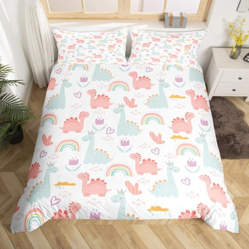 richhome Juego de ropa de cama con diseño de dinosaurio de dibujos animados, tamaño individual, funda de edredón para niños y niñas, diseño de dinosaurios de la selva y arco iris, 2 piezas