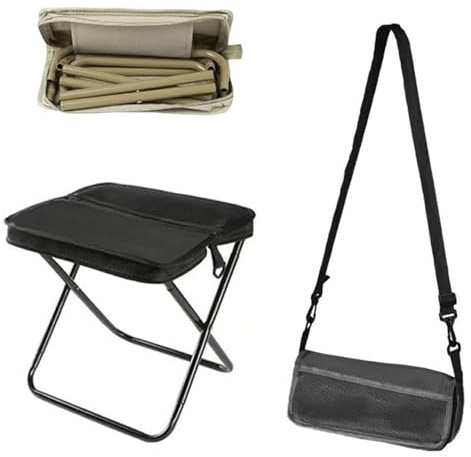 Generisch Faltbarer Rucksackhocker, tragbarer Mini-Klappsitz für Outdoor-Camping, leichte zusammenklappbare Stühle mit Reißverschluss, Tragetasche zum Umhängen, Tragkraft bis zu 120 kg (Black,s)