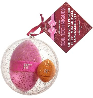 Real Techniques Miracle 2-in-1 Powder Puff & Mini Miracle Concealer Puff Set, Dual-Sided Versatile Makeup Tools for Powder & Cream, Precise Coverage, Vegan, Cruelty-Free, Latex-Free Foam Technology