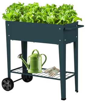 AGENQI Hochbeet Metall mit Rädern und Ablage 84.5 x45x80cm, Blumenkasten | Frühbeet Kräuterbeet Pflanzenbeet, Gemüsebeet Gartenbeet Blumenkübel für Balkon，Garten，Petrol blau