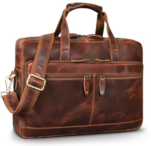 ROYALZ Anderson Business Umhängetasche Herren Leder Groß Echtleder Laptoptasche 15.6 Zoll Vintage Aktentasche mit Trolley Halter - Bürotasche Organizer viele Fächer;Farbe:Schwarz