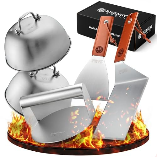 Burger Smasher Set [5-TLG.] INKL. [Ledergriffen] Burger Zubehör mit Burgerglocke, Smasher Burgerpresse, Wender & Spachtel | Plancha Zubehör Set für saftige Smashed Burger | Smash Burger Set Edelstahl