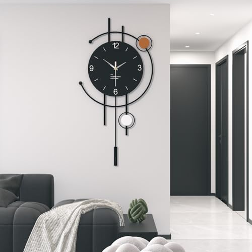 TWFJEL Modern Minimalistisch Wanduhr Kreativ ohne Tickgeräusche Dekorative Wanduhren Batteriebetrieben Schwarz Holzzifferblatt + Metallrahmen Pendeluhr für Wohnzimmer Schlafzimmer Büro Küche (S)