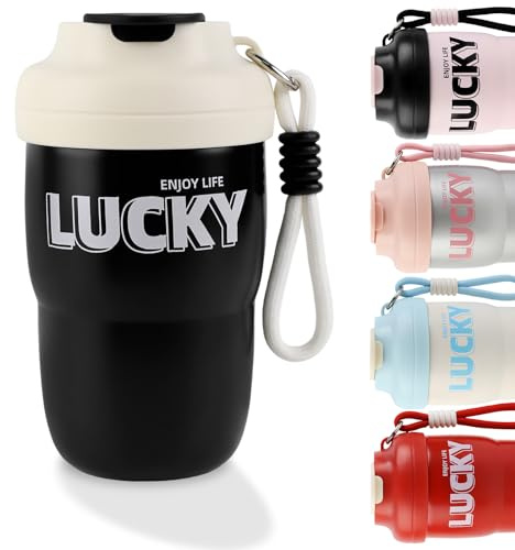 Lvjkes Mug isotherme cafe, 450ml Mug cafe a emporter inox, Antidérapante et étanche, Isolation thermique 6h, Conservation du froid 3h, Pour Voyages, Utilisation en voiture, Bureau (Noir + Blanc)